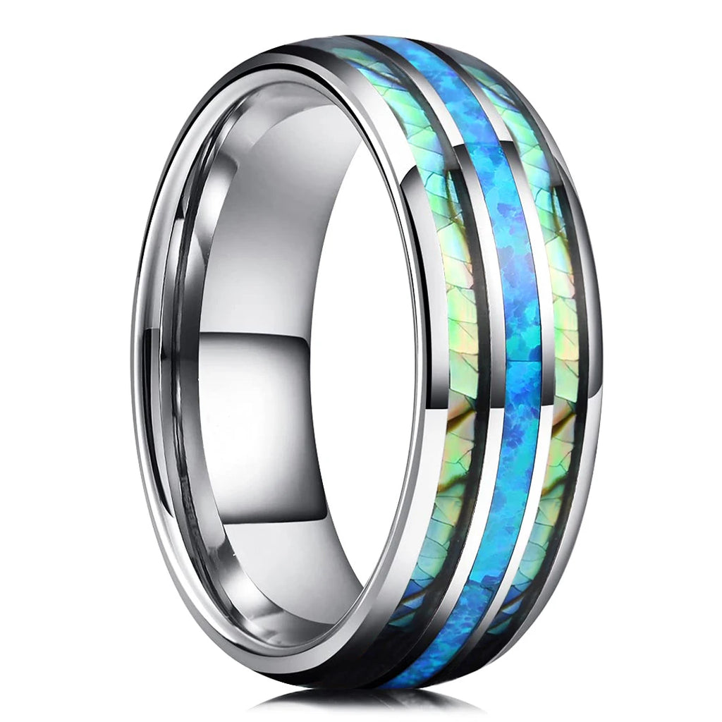 Fashion 8mm Silver Color Men Stainless Steel Rings, Pink Rose Abalone Shell Meteorite Inlay Rings for Men Women, Wedding Jewelry