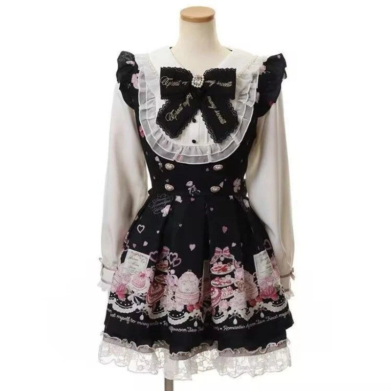 Japanese Kawaii Rhinestone Bow Dress Set Women Sweet Cute Lolita Style Lace Pearl Print Shirt Dresses Gothic Y2k Tea Party Dress