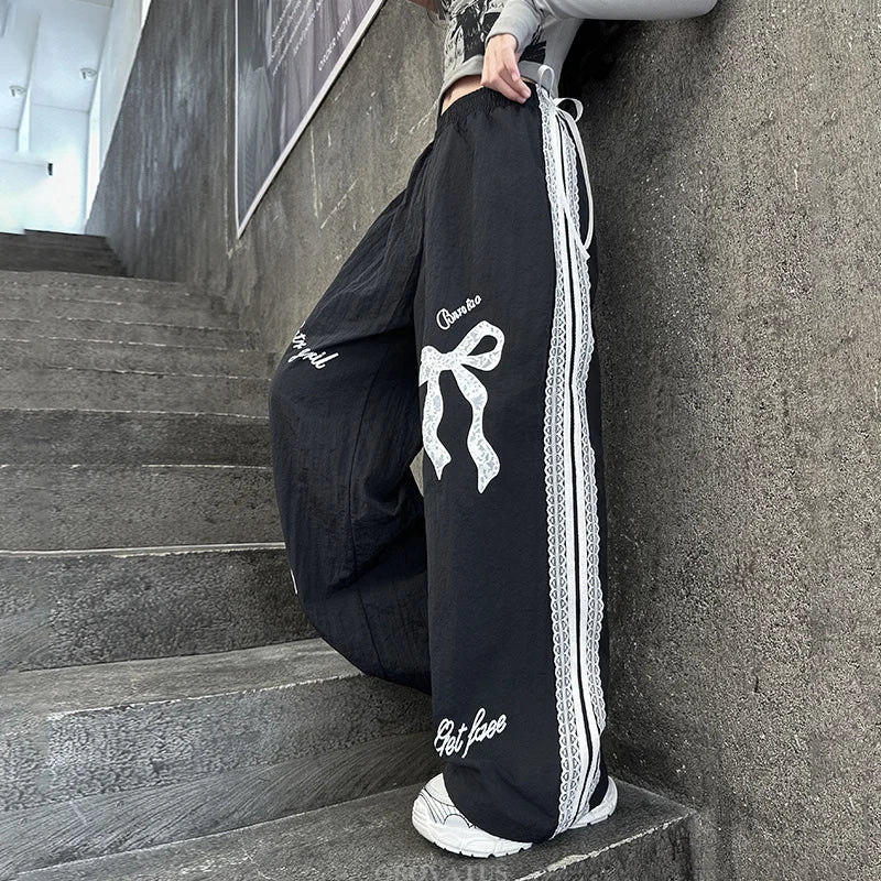 Children Black Casual Pants With Lace Bow For Girls Spring Fashion Lace Tousers Kids Loose Casual Wide Leg Sweatpants Streetwear