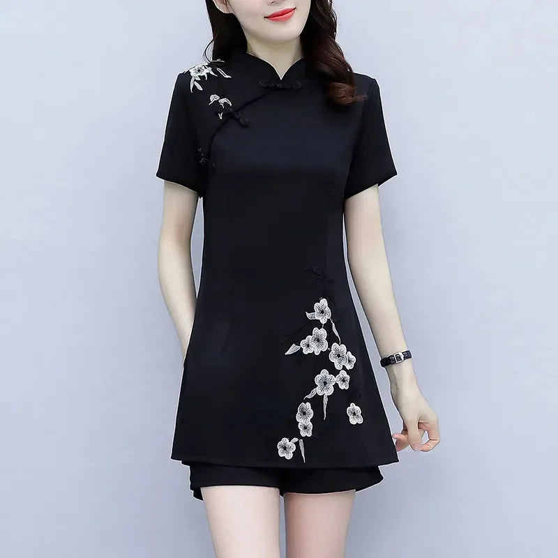 Women's Suit Chinese Style Clothes Two Piece Sets 2025 Summer New Crop Top And Shorts Retro Cheongsam Outfits Matching For Women