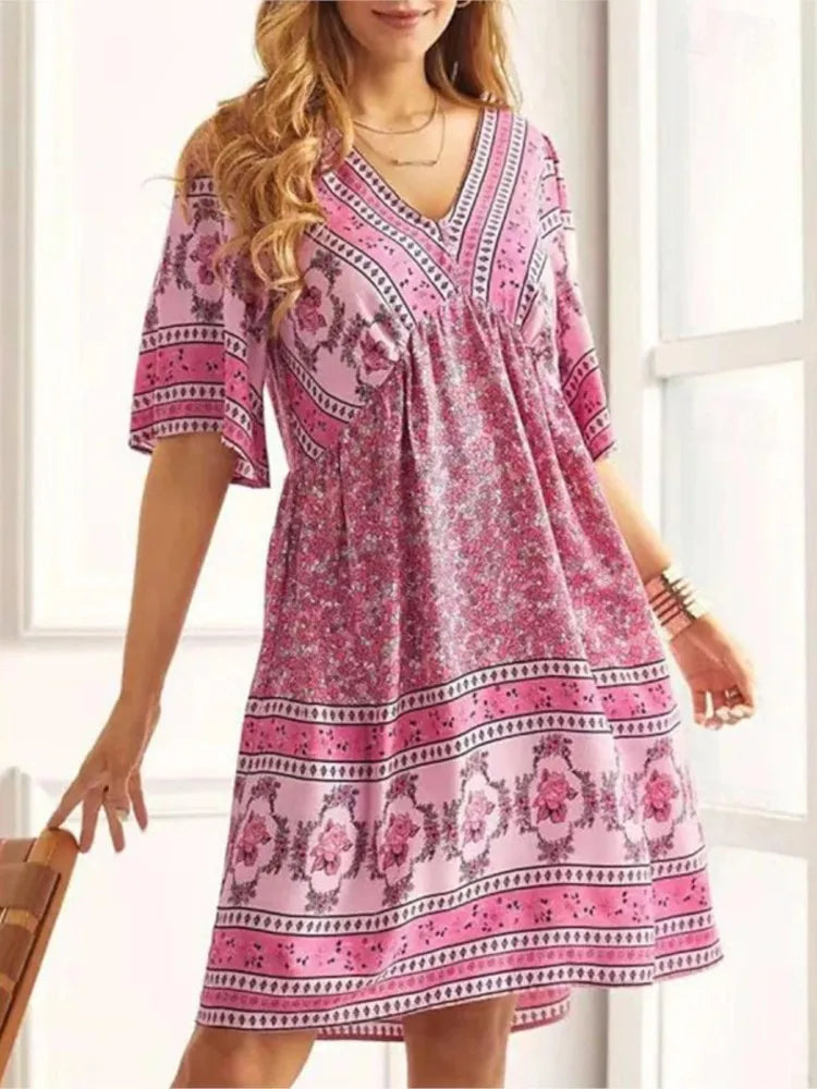 Bohemian Vintage Printed Dress Women's V-Neck Short Sleeved Mini Dresses Elegant Summer Casual Loose Party Dress Robe Femme