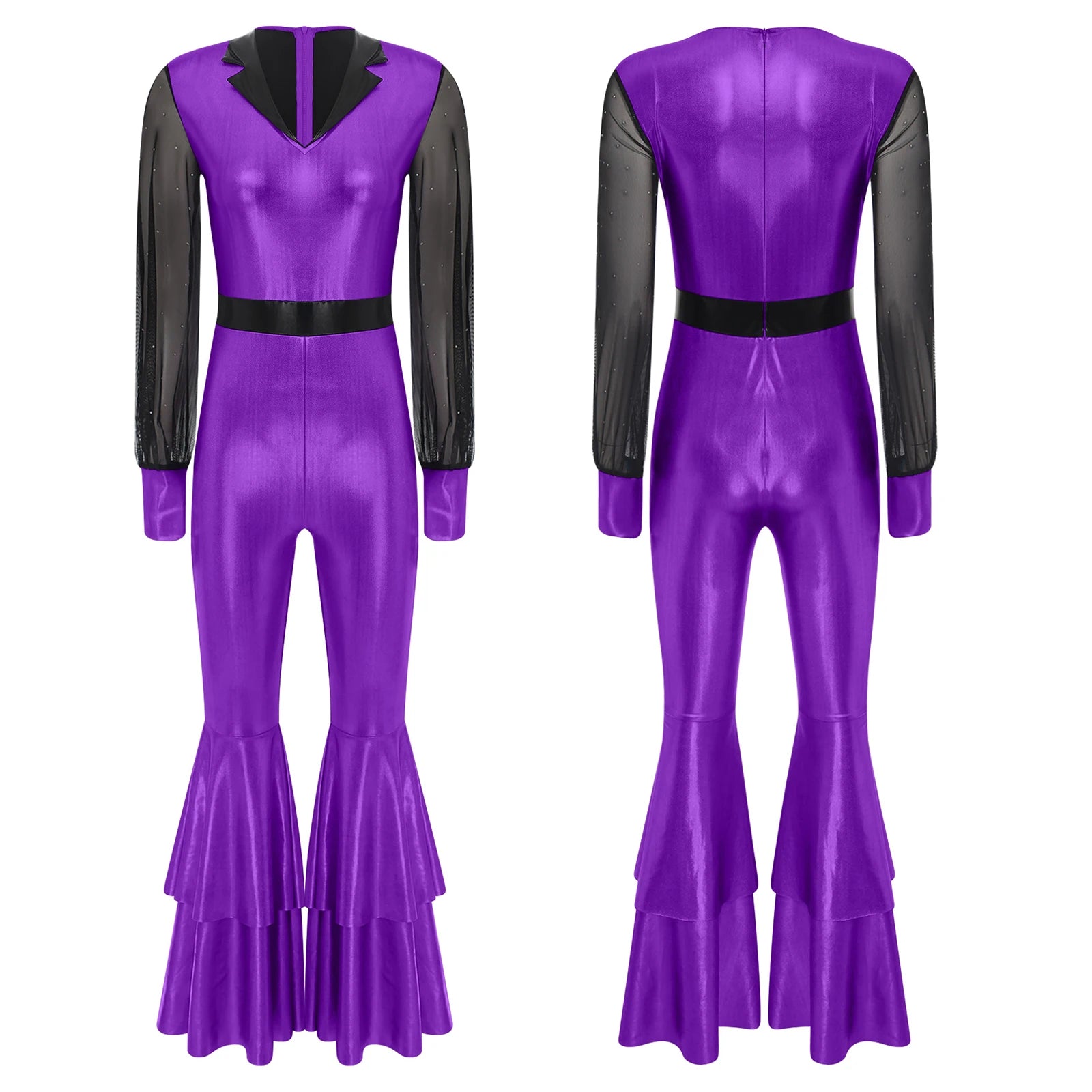 70 80s Disco Classical Vintage Jumpsuit Women Shiny Metallic High Waist Flared Bell-bottomed Rompers Playsuits for Dance Cosplay