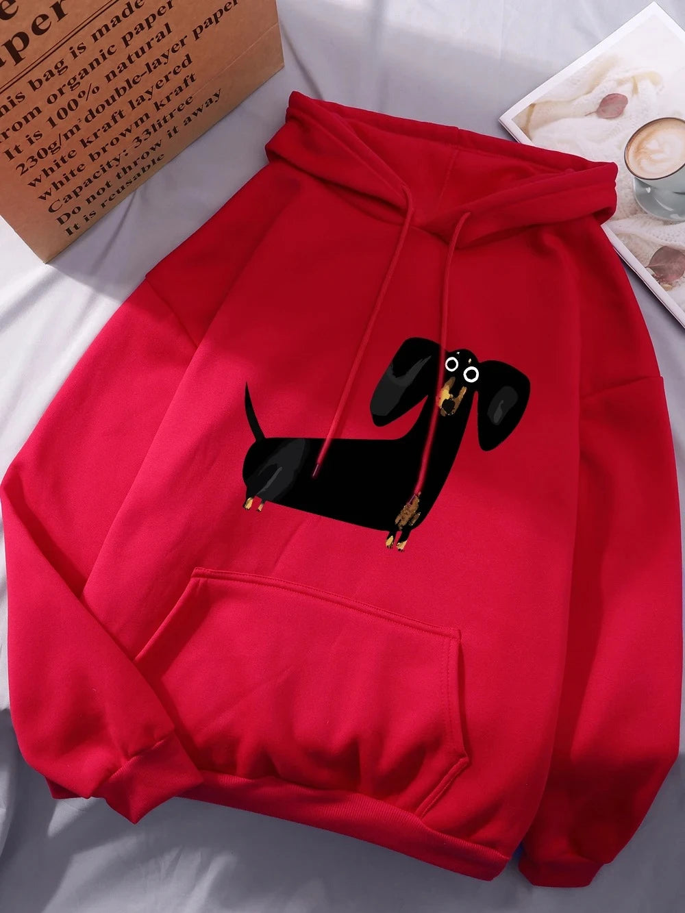 Funny Dachshund Dog Prints Hoodies Women Winter Fleece Warm Hooded Casual Pocket Sweatshirt Comfortable Loose Womans Sportswear