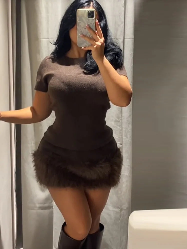 Sexy Fur Patchwork Party Dress Women Brown Slim Short Sleeve O-neck Short Dresses 2025 Fashion Evening Solid Robe Lary