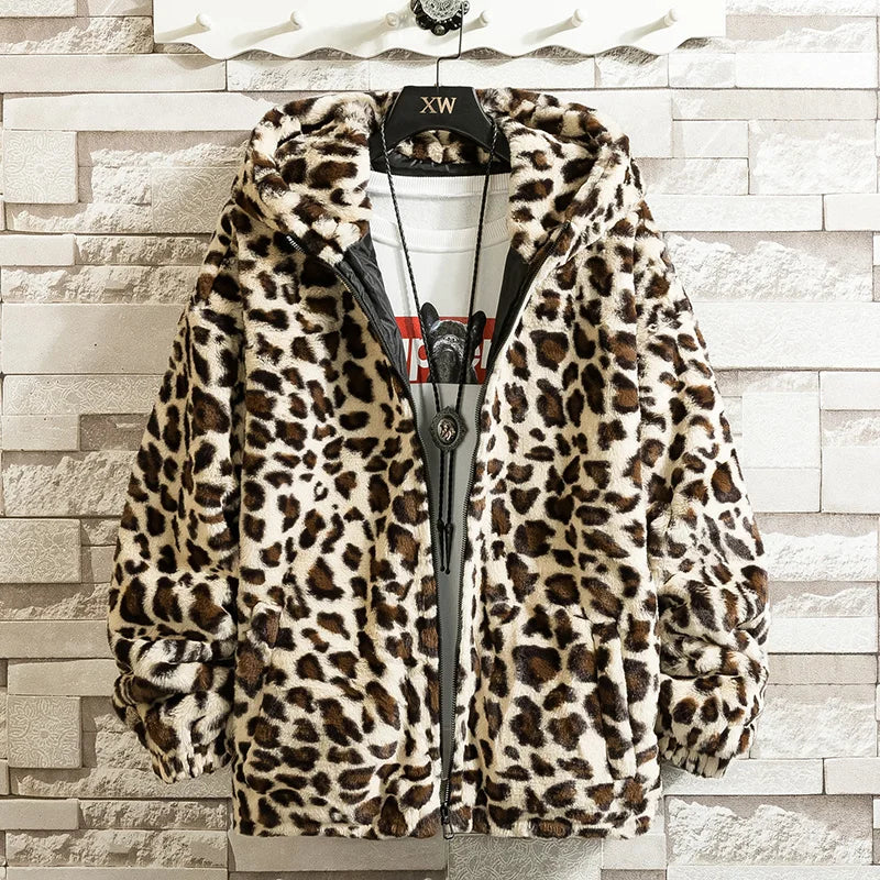 Autumn Soft Leopard Jacket Men Zipper Hoodies Hooded Coat Fashion Causal Street Outerwear Loose Windbreaker Clothing Male Female