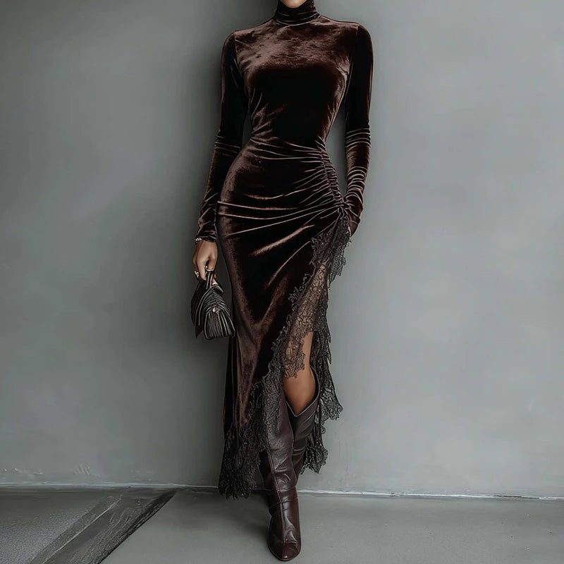 New Turtleneck Sexy Patchwork Chic Party Dress, Women Autumn Winter Holiday Solid Sheath Dress, Long Sleeve Elegant Ladies Dress