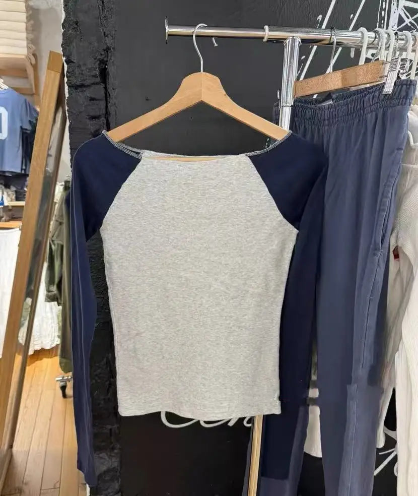 Solid Patchwork Long Sleeve T-shirt Women Summer New Off Shoulder Raw Hem Slim Tee Shirts Preppy Style Simple Casual Tops Tshirt