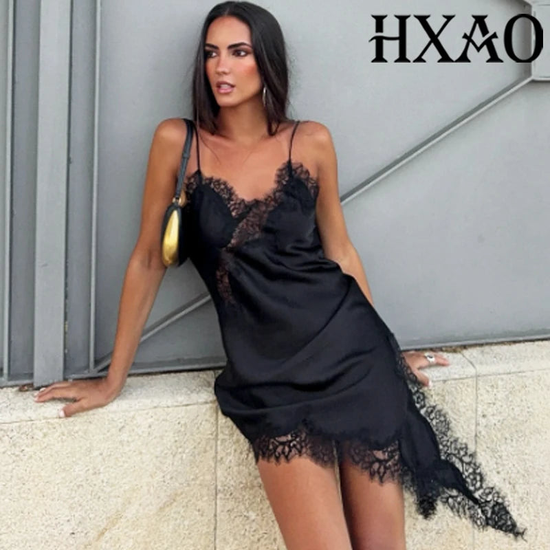 HXAO Asymmetrical Lace Dress Woman Sleeveless Slip Black Dress Summer Satin Party Dresses Backless Sexy Short Night Dresses