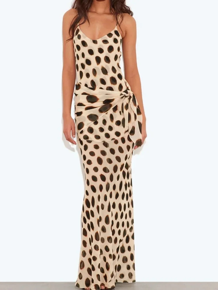 Women Polka Dot Maxi Dress Spaghetti Strap Cowl Neck Ruched Side Drawstring Bodycon Sheer Mesh Summer Beach Vacation Party Dress