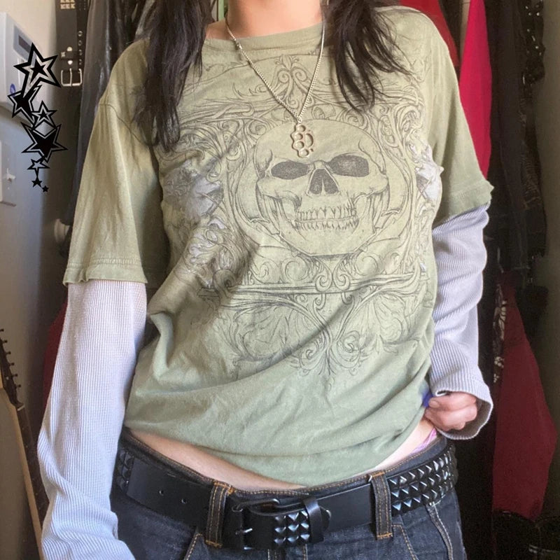 Cyber Y2K Grunge Mall Goth Top Patchwork Full Sleeve Baggy Pullovers Tees Japanese Edgy 00s Retro E-girl Gothic Emo T-shirt