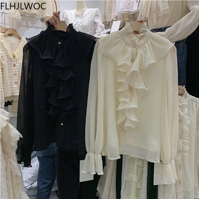 2023 Women Korean Style Design Clothes Flare Sleeve Elegant Office Lady Cute Sweet Basic Shirts Blouses
