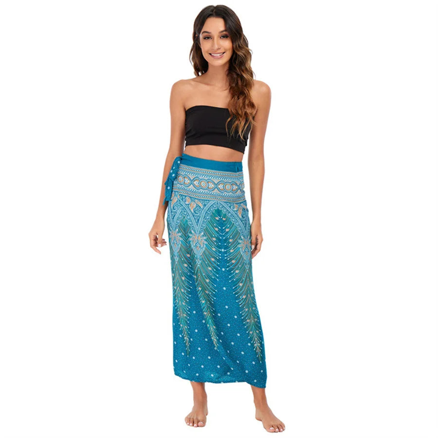 Women’s Boho Maxi Wrap Long Skirt Tie Up Beach Cover Up Dress Vintage Bohemian Adjustable High Waisted Holiday Rayon Dress