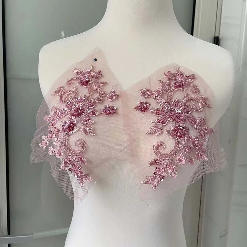 2PCS/Pair,3d Flower Wtih beaded sequined Bodice Applique sewing supplies,Lace Emboridery Sew On Patches For Dresses,Clothing