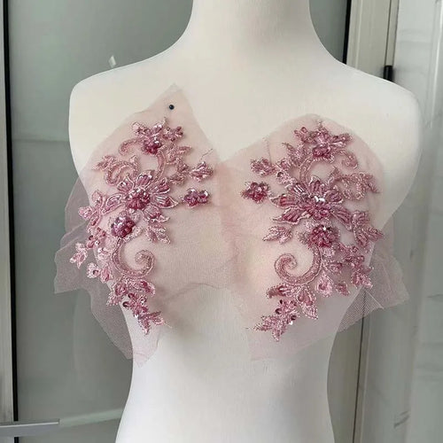 2PCS/Pair,3d Flower Wtih beaded sequined Bodice Applique sewing supplies,Lace Emboridery Sew On Patches For Dresses,Clothing