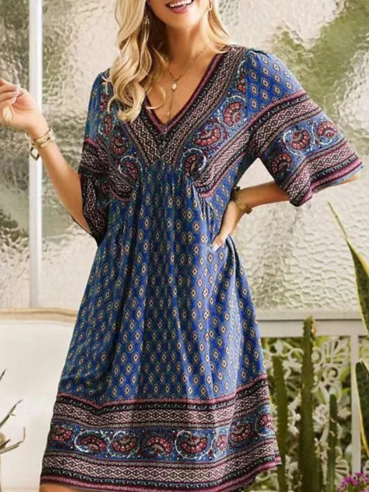 Bohemian Vintage Printed Dress Women's V-Neck Short Sleeved Mini Dresses Elegant Summer Casual Loose Party Dress Robe Femme