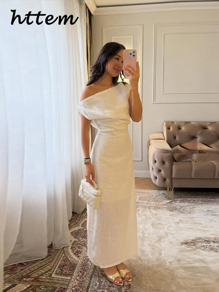 Elegant Off Shoulder Pleated Long Dress Slim Slash Neck Sleeveless Female Party Dresses 2026 Summer Autumn Lady Chic Solid Robes