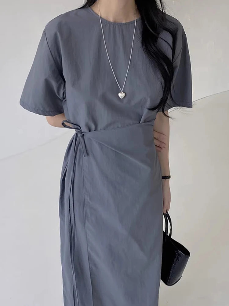 Korean Style Dress For Women Solid Gathered Waist Lace Up Minimalist Versatile Female Dresses 2024 Summer New