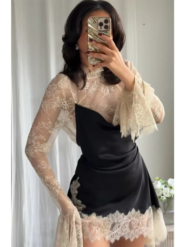 Elegant Solid Shawl Mini Dress Women Fashion Round Neck Waist Cinching Slim Fit Short Dresses Lady Daily Evening Dinner Vestidos