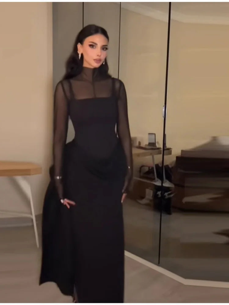 Chic Modern Gown Sheer-panel Vintage Women Maxi Dresses Elegant Trendy Female Evening Party Trendy Ladies Spring Wear