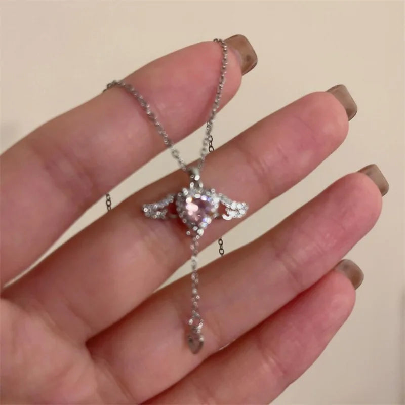 2PCS 925 Sterling Silver Heart Angel Wings Pendant Choker Necklaces for Woman Girls Party Jewelry Accessories Jewellery Women