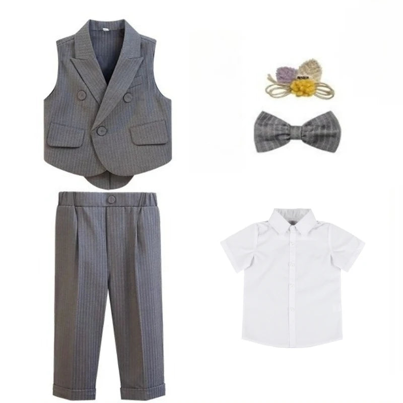 Boys Strap Pants Suit Fashion Gray Stripe Kids Weddings Blazers Set 2-12 Years Children School Uniform Toddler Birthday Outfits
