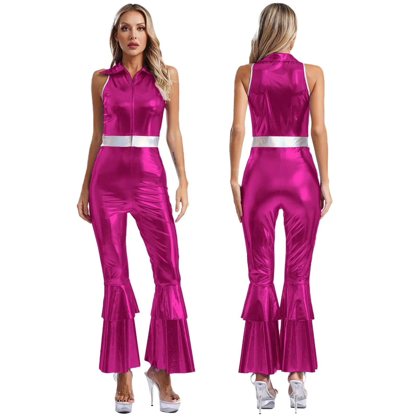 70 80s Disco Classical Vintage Jumpsuit Women Shiny Metallic High Waist Flared Bell-bottomed Rompers Playsuits for Dance Cosplay