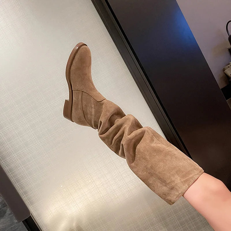 Arden Furtado Women's Brown Suede Knee High Boots Round Toe Low Heel Slouchy Ruched Wide Calf Over the Knee Boot
