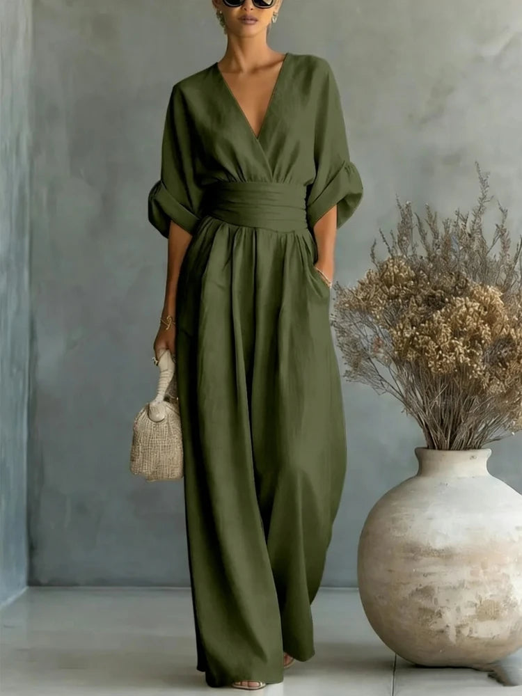 Women's Jumpsuit Fashion High Waist V-neck Casual Jumpsuits Sexy Solid Color Office Wide Leg Trousers Overalls Vacation Outfit