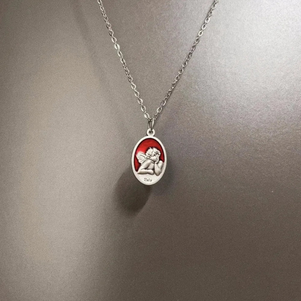 Vintage Temperament Sliver Color Double-sided Little Angel Fairy Relief Oval Pendant Necklace for Women Men Collar Chain Jewelry