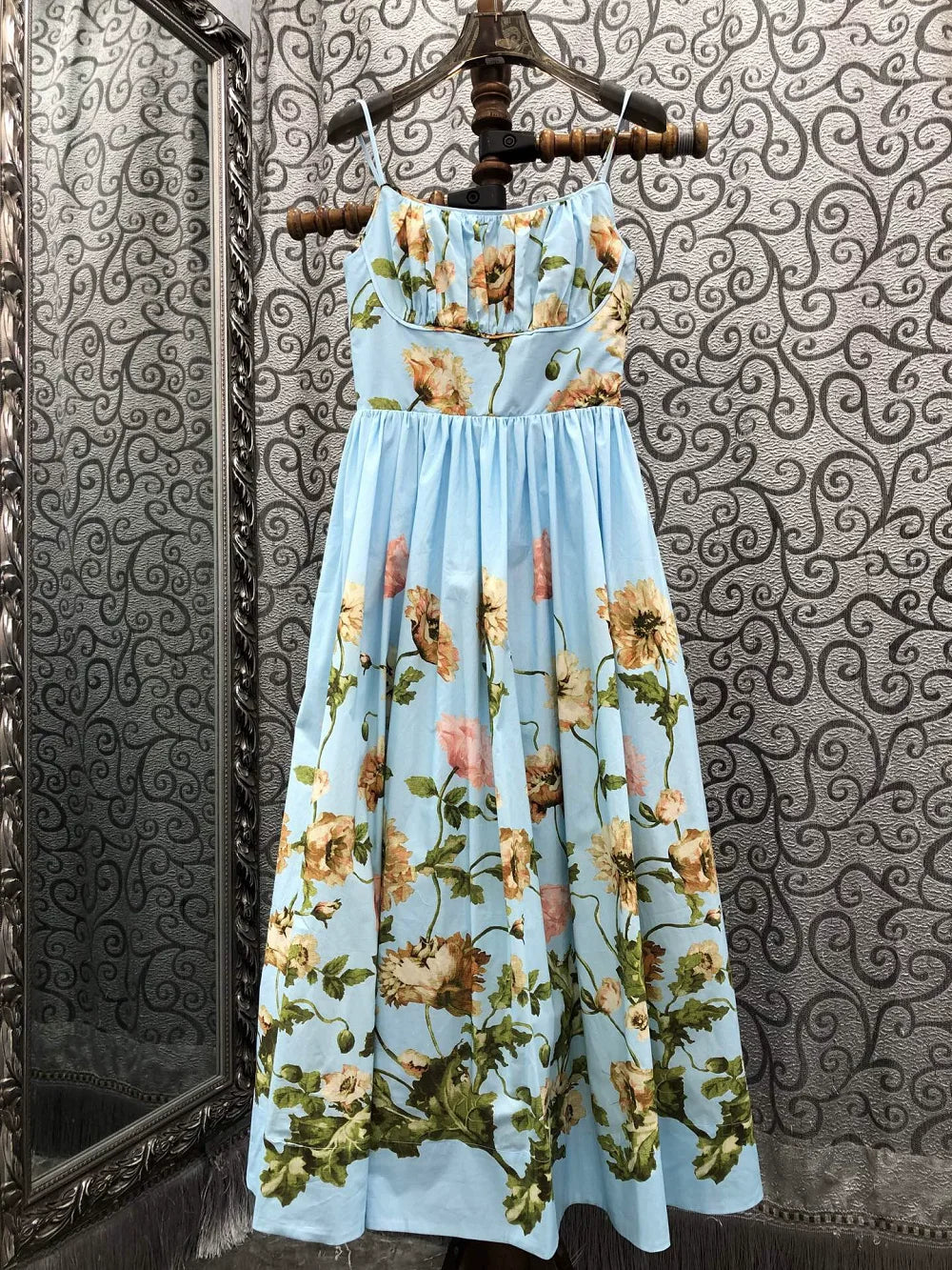 100%Cotton Long Dress 2026 Summer Evening Party Women Spaghetti Strap Colorful Floral Print Luxury Long Blue Maxi Dress Club