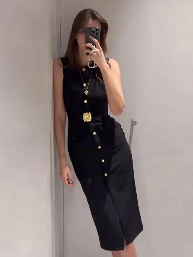 HH Women Elegant Black Dress O Neck Single Breasted Sleeveless Dresses With Belt Summer Casual Office Lady Dress Vestidos
