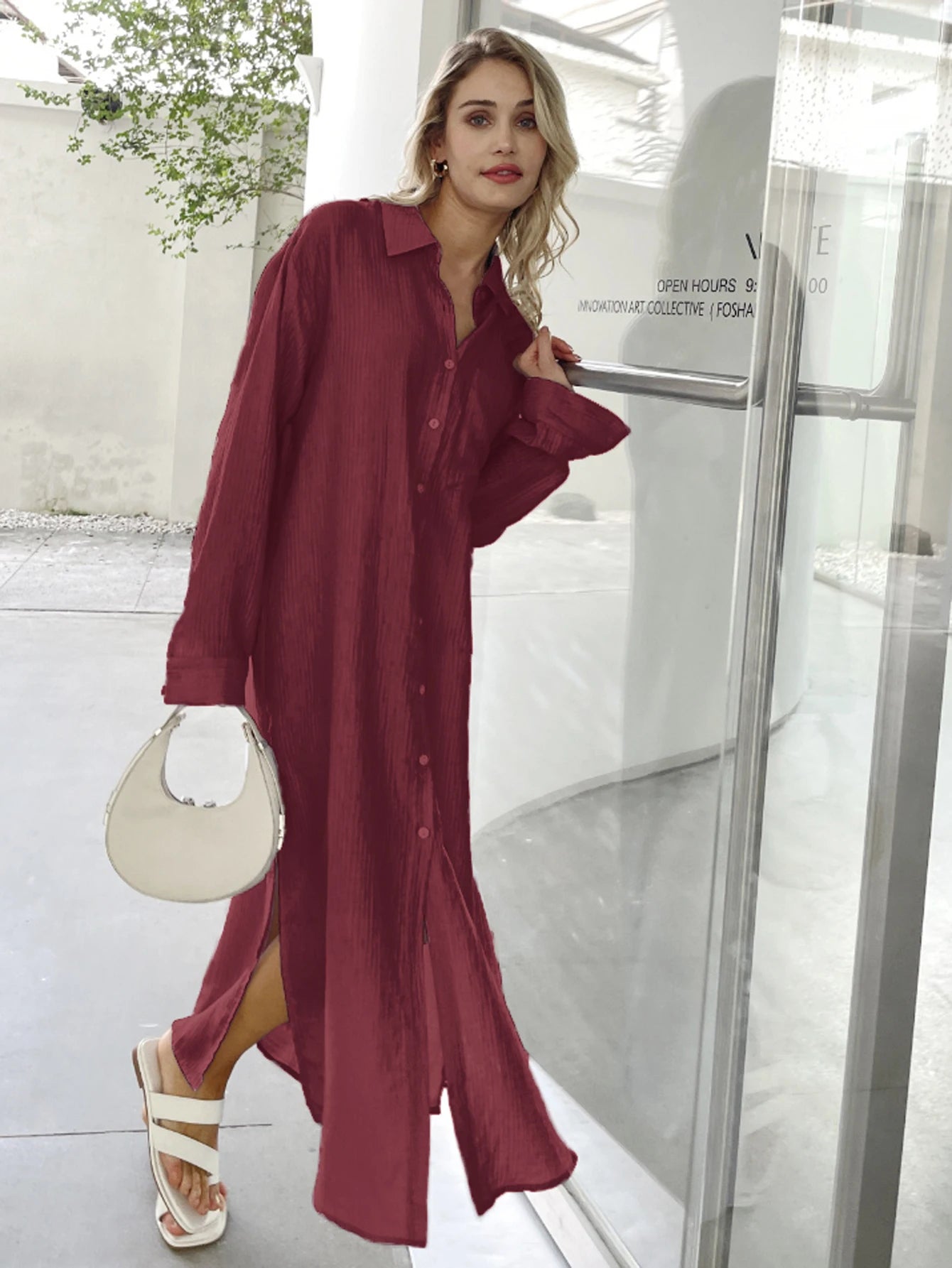 New Design 2025 Women Summer Long sleeve Basic Shirt Maxi Long dress