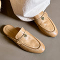 Women's cow leather round toe slip-on flats summer slides sandals high quality soft comfortable metal buckle casual female mules