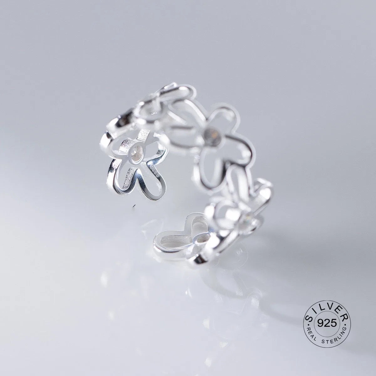 925 Sterling Silver Rings For Women Geometric Fine Jewelry Finger Adjustable Cute Flower Leaf Zirco Ring For Party Birthday Gift