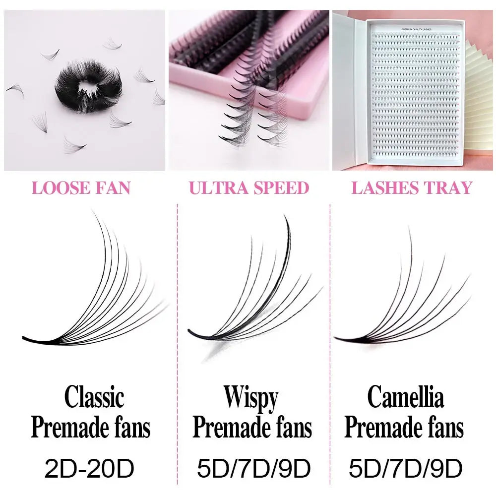 1000 Fans Loose Fan Lashes Eyelash Extensions Pointy Base Premade Medium Stem Sharp Thin Russian Volume Lash Extensions