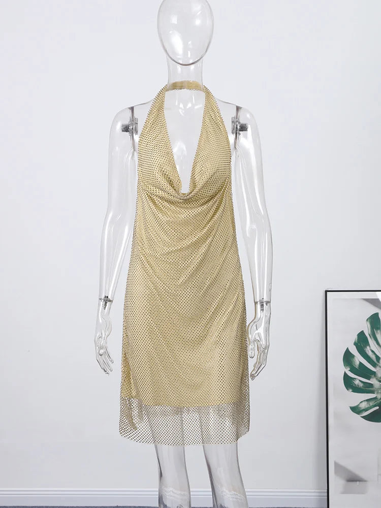 Rhinestone Halter Short Dress Women Sexy Sleeveless Backless Waist Cinching Hip Package Bodycon Party Evening Dresses Streetwear