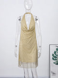 Rhinestone Halter Short Dress Women Sexy Sleeveless Backless Waist Cinching Hip Package Bodycon Party Evening Dresses Streetwear