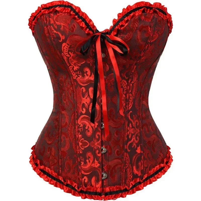 Corset Top Plus Size Women Bustier Overbust Sexy Lace up Floral Lingerie Vintage Gothic Victorian Fashion Black Red DropShipping