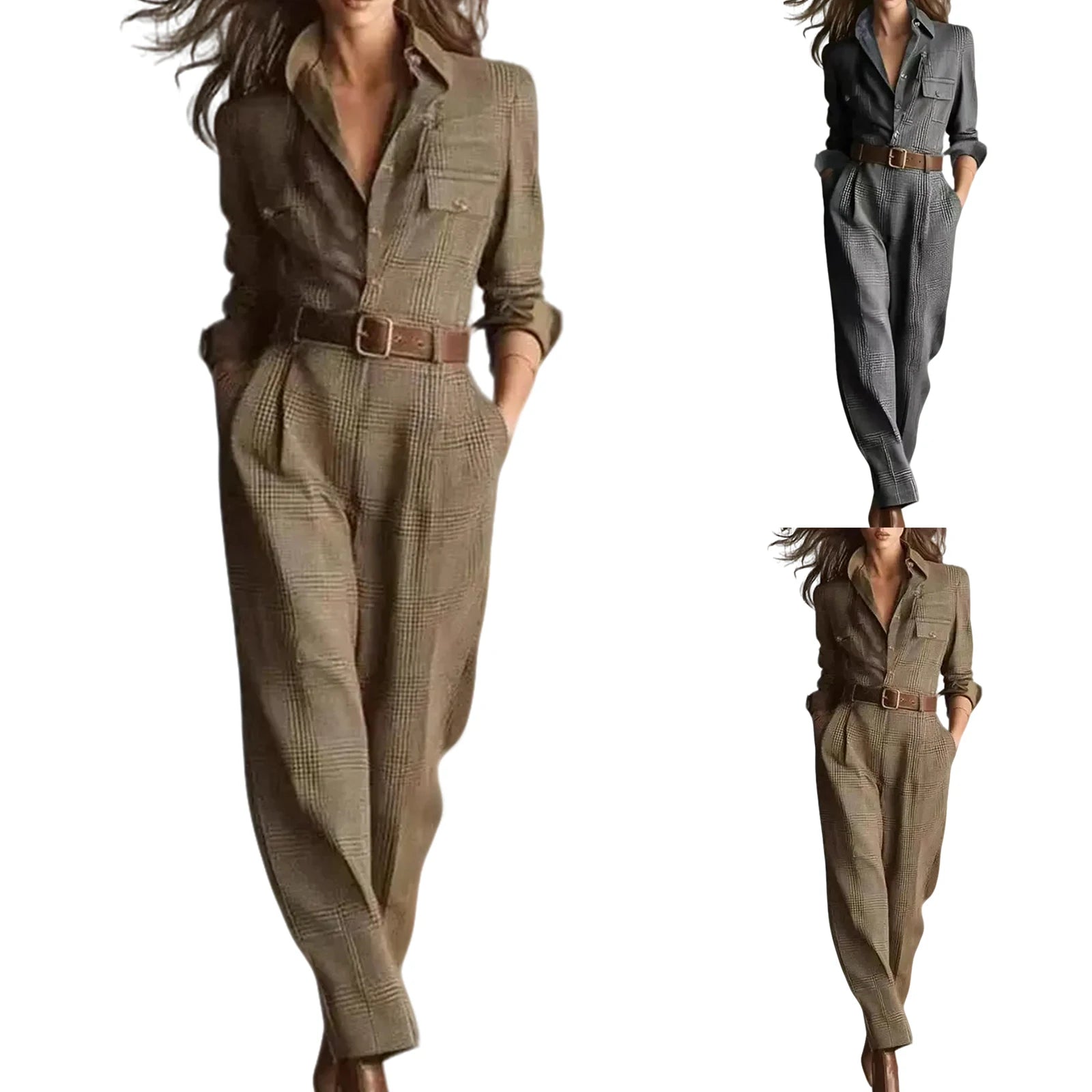Womens Jumpsuit Beige Plaid Shirt-Style Jumpsuits Belted Wide-Leg Casual Office Jumpsuits 2026 Fashionable Outfit Vestido
