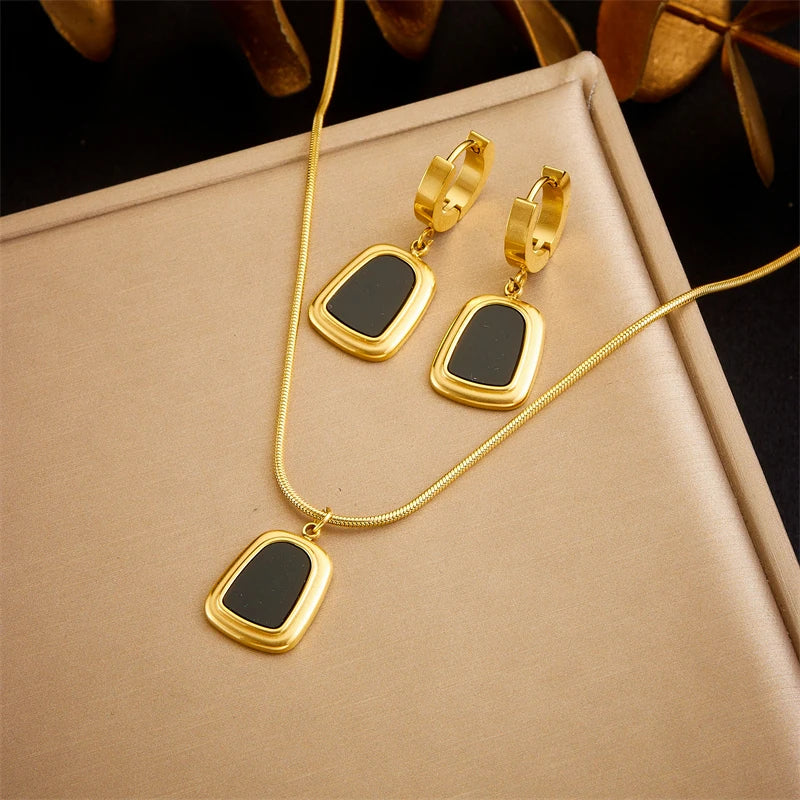 DIEYURO 316L Stainless Steel Black White Geometric Necklace Bracelets Earrings For Women New Trendy Jewelry Set Wedding Gift