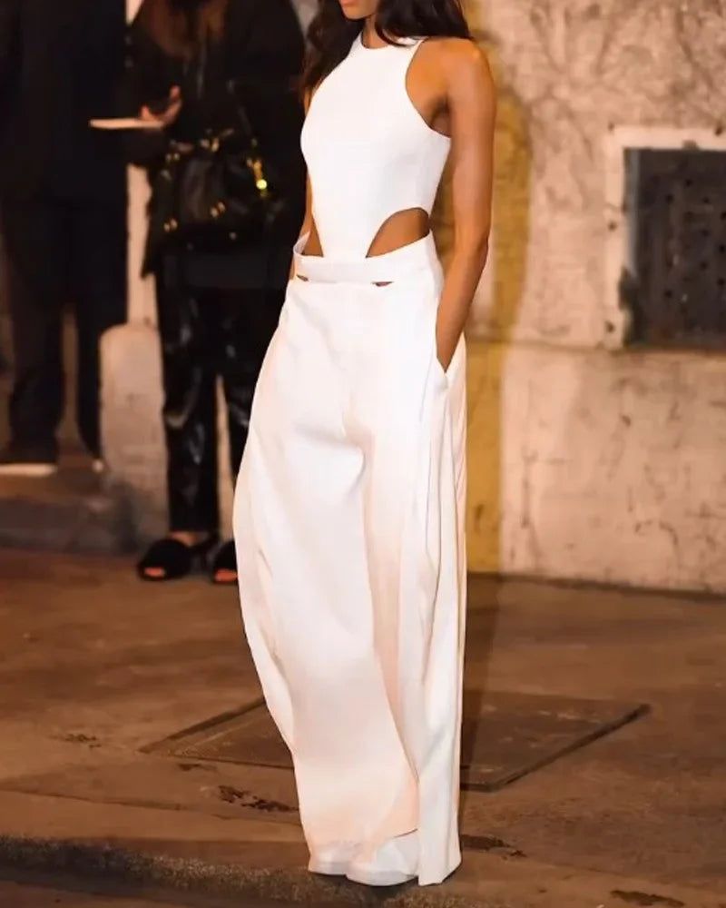 Fashion Jumpsuits For Women  Summer O Neck Sleeveless Hollow Out Slim White High Waist Wide Leg Jumpsuit  Chic Sexy Jumpsuit