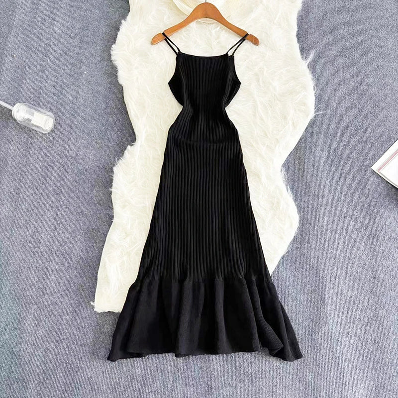2024 Summer Knitted Bodycon Sexy Dress 2024 Sleeveless Ruffled Party Sundress High Street Elastic Slim Maxi Long  Dress