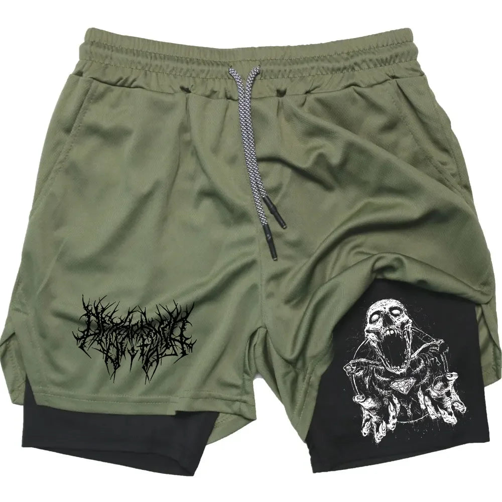 Y2K Performance Shorts Men Quick-drying Fitness Skull Print Double Layer Shorts Workout Training Running Bodybuilding Sportwear