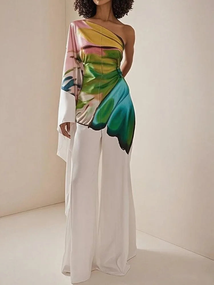 Women's Elegant Jumpsuit One-shoulder Flared Sleeves Wide Leg One-piece Suit 2025 Summer Stylish Butterfly Print Rompers