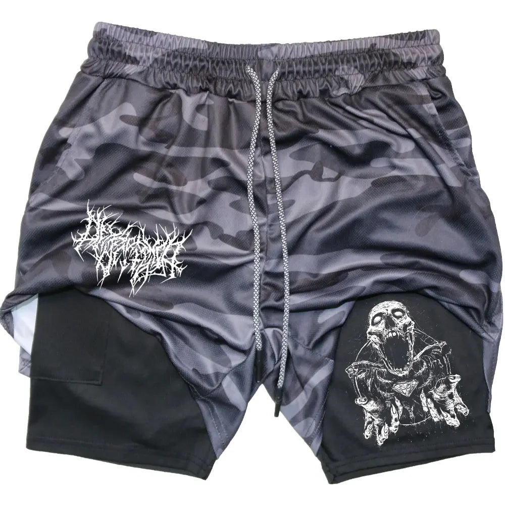 Y2K Performance Shorts Men Quick-drying Fitness Skull Print Double Layer Shorts Workout Training Running Bodybuilding Sportwear