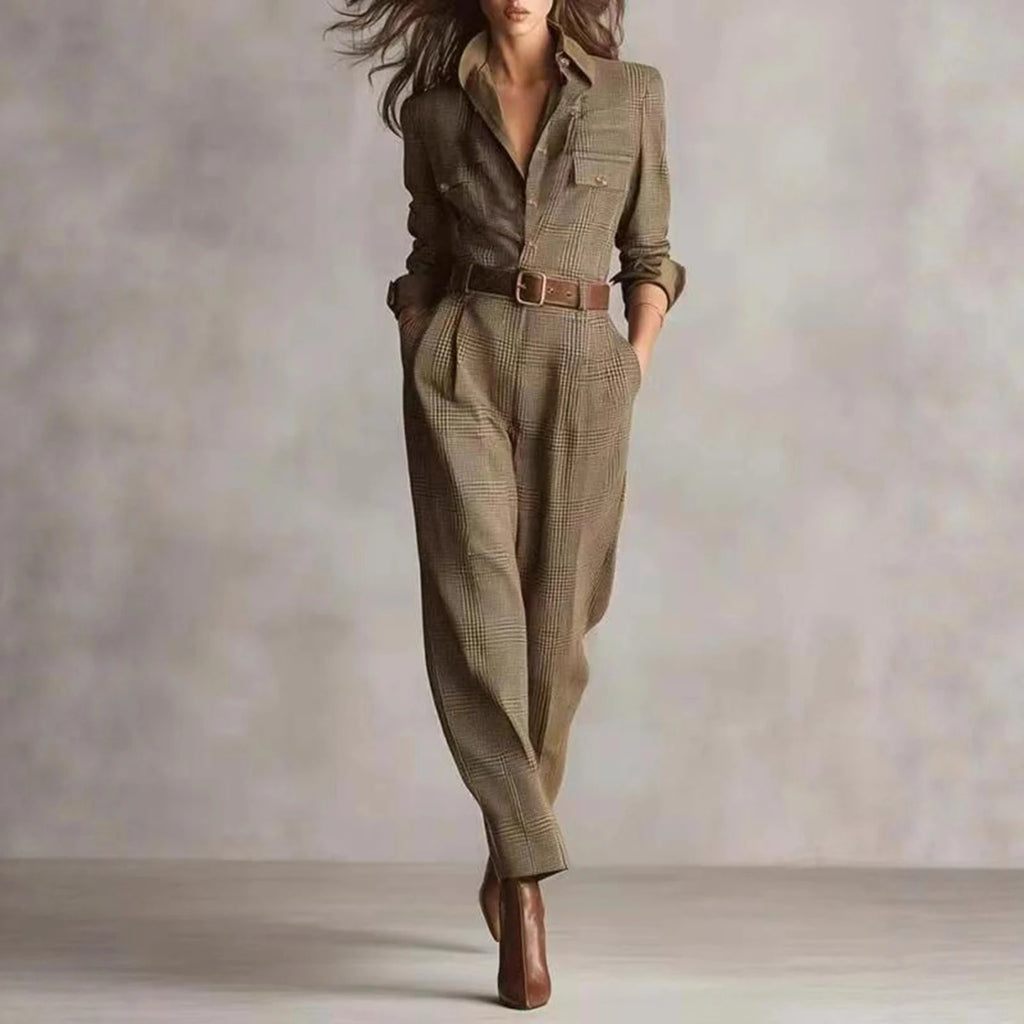 Womens Jumpsuit Beige Plaid Shirt-Style Jumpsuits Belted Wide-Leg Casual Office Jumpsuits 2026 Fashionable Outfit Vestido