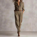 Womens Jumpsuit Beige Plaid Shirt-Style Jumpsuits Belted Wide-Leg Casual Office Jumpsuits 2026 Fashionable Outfit Vestido