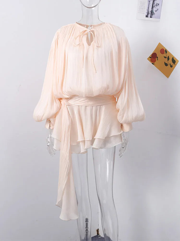 Ruffles Lace Up Women Dress Long Sleeve Pleated Female Mini Dresses 2025 Elegant Spring Summer Street V Neck Loose Lady Robe