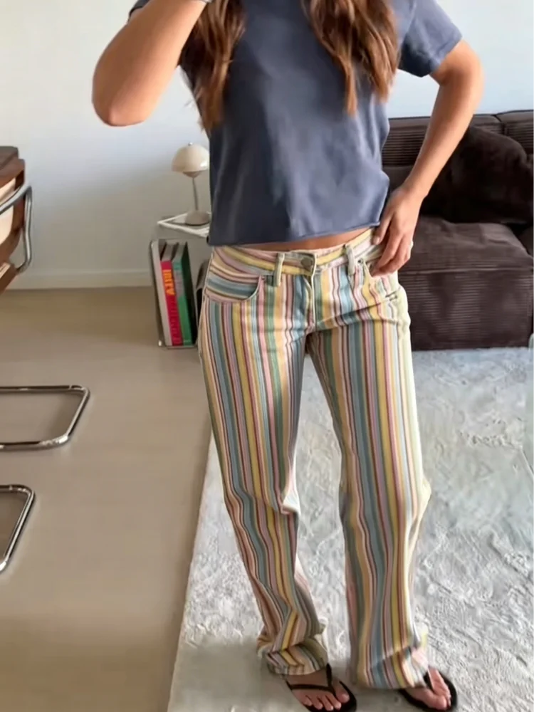 Colorful Striped Jeans for Women Low Waist Straight Leg Trousers High Street Casual Long Denim Pant 2026 NEW Daily Lady Jeans