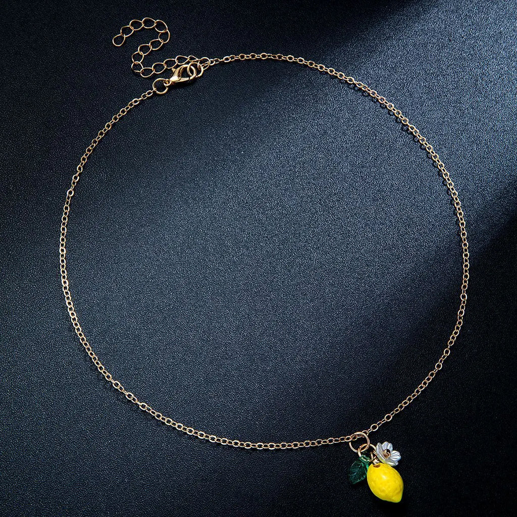 Fashion Cute Yellow Fruit Lemon Little Flower Green Leaf Pendant Metal Chain Adjustable Necklace for Women Summer Jewelry Gifts